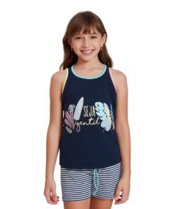 Pijama Feminino Infantil 100% Algodão Azul com Listras - 14319