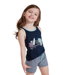 Pijama Feminino Infantil 100% Algodão Azul com Listras - 14319