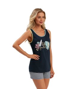 Pijama Feminino Regata 100% Algodão Azul com Listras - Recco - 14095