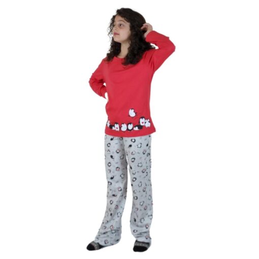 Pijama Feminino Infantil Pinguins Vermelho Longo - Lua Encantada