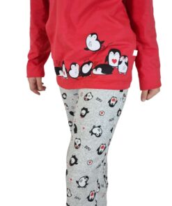 Pijama Feminino Infantil Pinguins Vermelho Longo - Lua Encantada