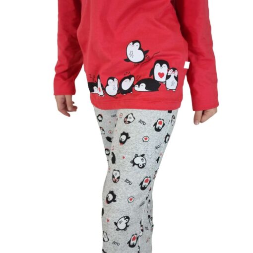 Pijama Feminino Infantil Pinguins Vermelho Longo - Lua Encantada