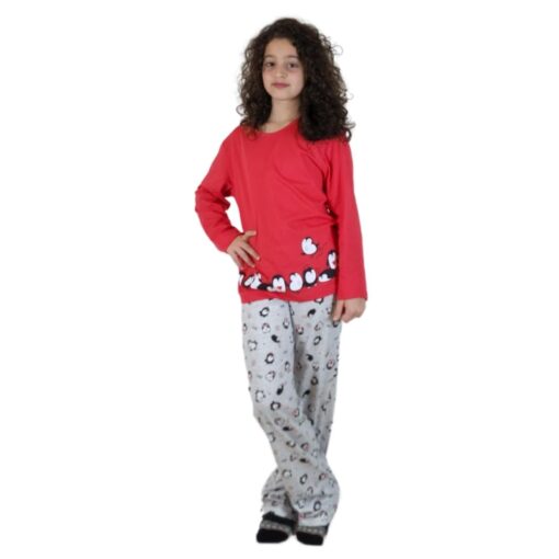 Pijama Feminino Infantil Pinguins Vermelho Longo - Lua Encantada