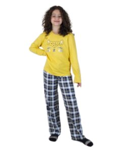 Pijama Feminino Infantil Xadrez Amarelo Longo - Lua Encantada