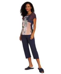 Pijama Capri Feminino Marinho Estampado em Liganete - Recco - 14251